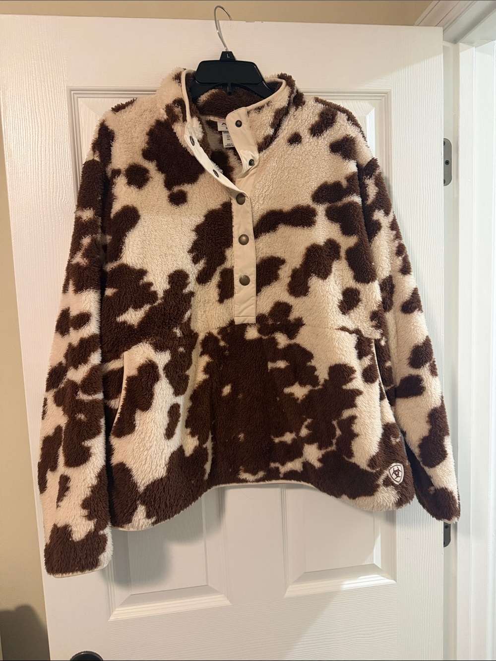 Ariat Brown and Cream Cow-Print Sherpa Pullover Jacket